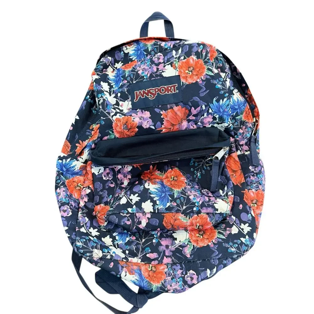 JanSport backpack, kids, girls, floral, coral, purple, navy blue, zippered